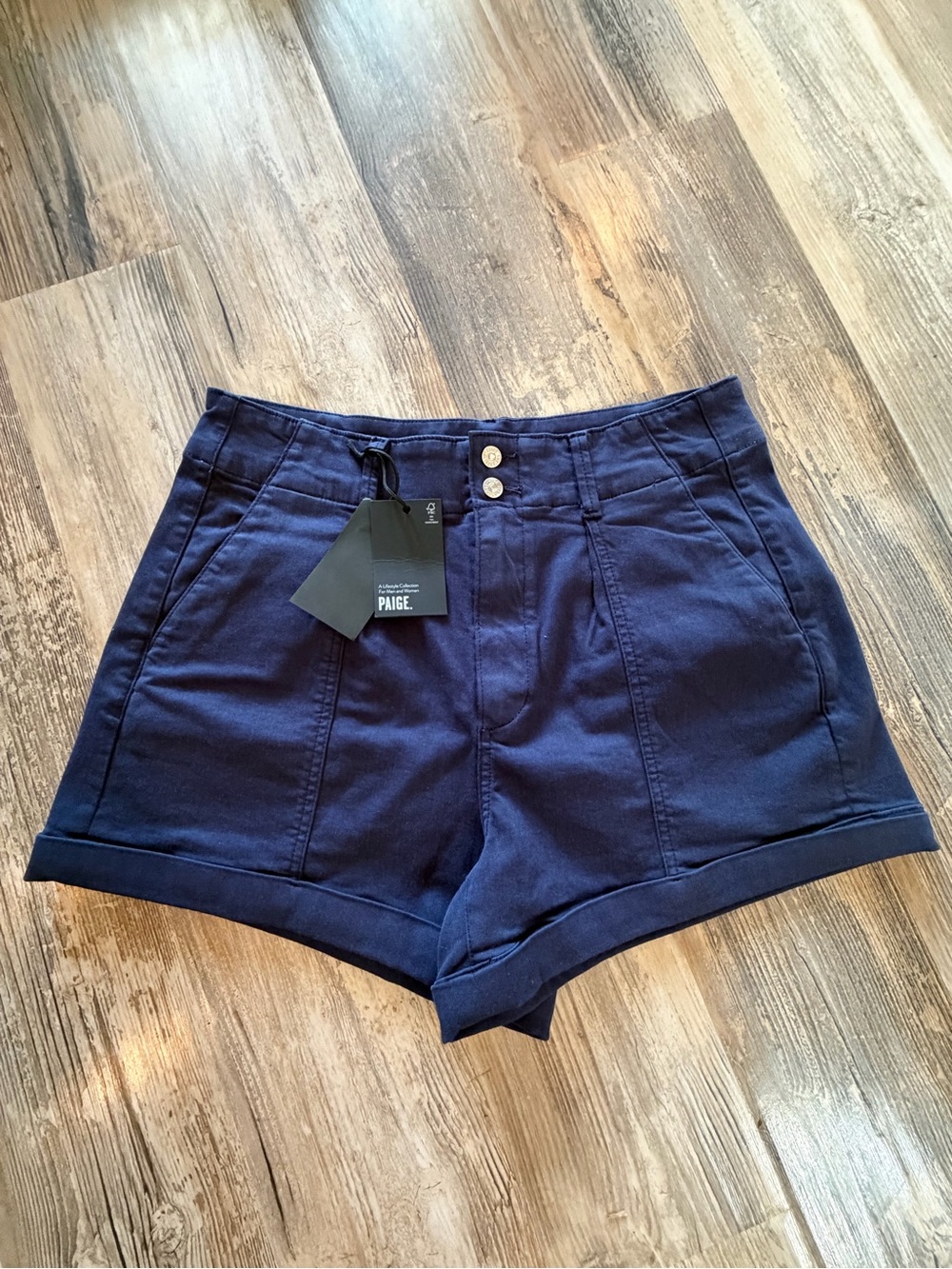 PAIGE Navy High-Waist Tailored Cotton-Blend Shorts